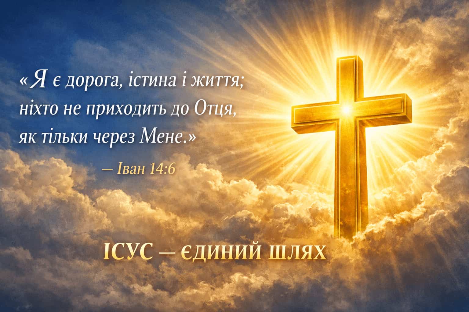 Золотий християнський хрест із променями світла та хмарами на світанковому небі, з цитатою Івана 14:6 — «Я є дорога, істина і життя; ніхто не приходить до Отця, як тільки через Мене».