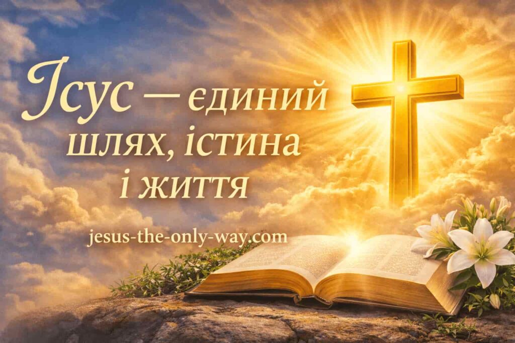 Золотий християнський хрест на тлі сходу сонця з променями світла, відкрита Біблія і білі лілії, із назвою сайту jesus-the-only-way.com — символ віри, надії та духовного просвітлення. Найперший пост сайту.