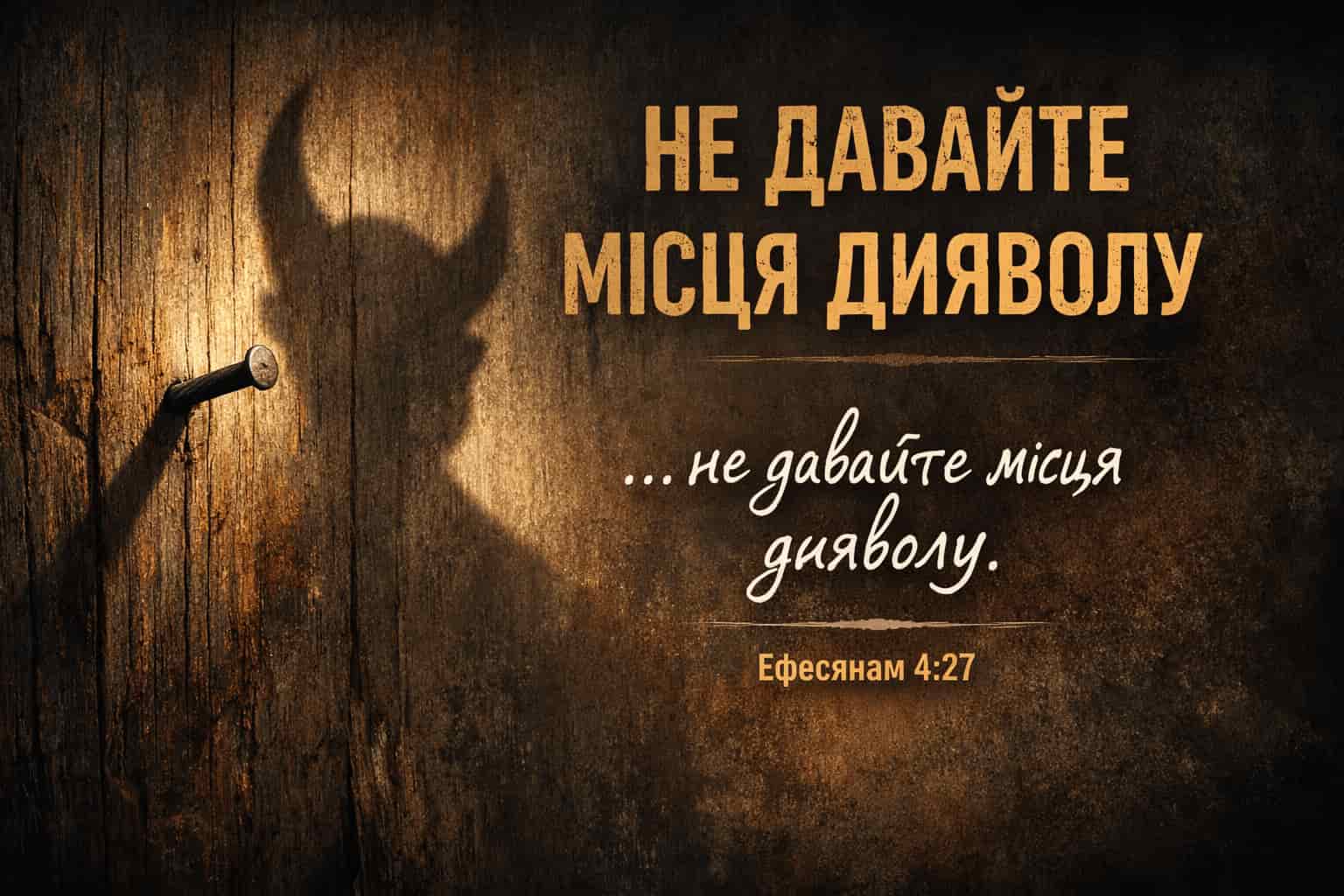 Старий дерев’яний мур з одним гвіздком, тінь від якого нагадує силует диявола; напис «Не давайте місця дияволу» та вірш Ефесянам 4:27.